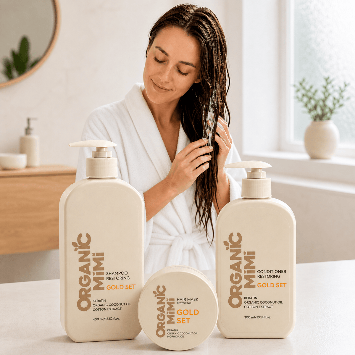 Ritual capilar para cabello dañado con champú, acondicionador y mascarilla Gold Set