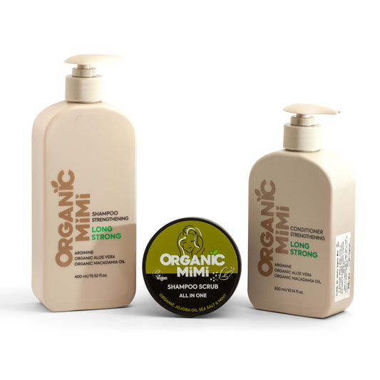Ritual Capilar Cabello Graso — champú exfoliante, champú fortalecedor y acondicionador Organic Mimi