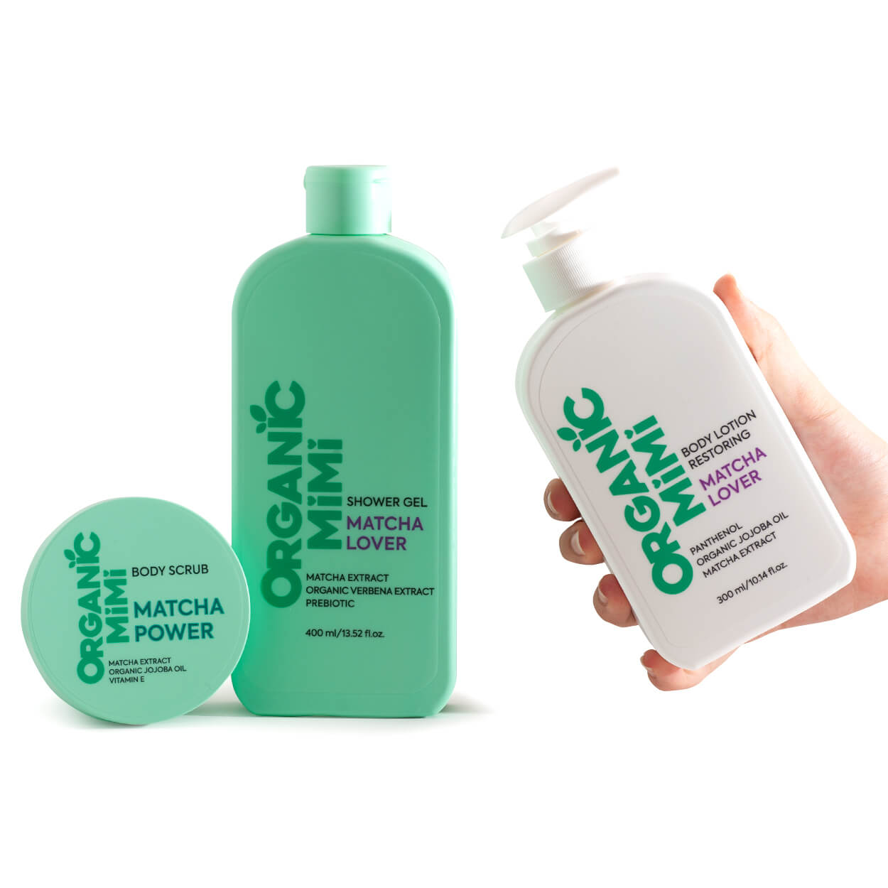 Ritual Corporal Matcha ORGANIC MIMI — exfoliante, gel de ducha y loción con té verde y jojoba ecológicos
